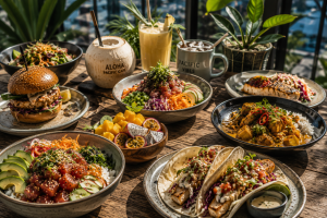 Cuisine océanienne contemporaine avec poke bowl, tacos de poisson, burger fusion, curry, fruits tropicaux, desserts coco et street food du Pacifique.