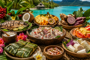 Cuisine polynésienne avec poisson cru au lait de coco, taro, igname, patate douce, fruits tropicaux, noix de coco et poisson grillé