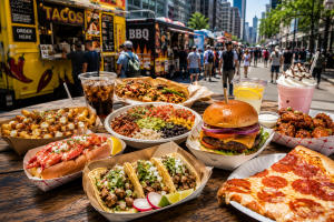 Street food nord-américaine avec tacos, burgers, hot-dogs, poutine, bagels, wings, donuts, burritos et food trucks.