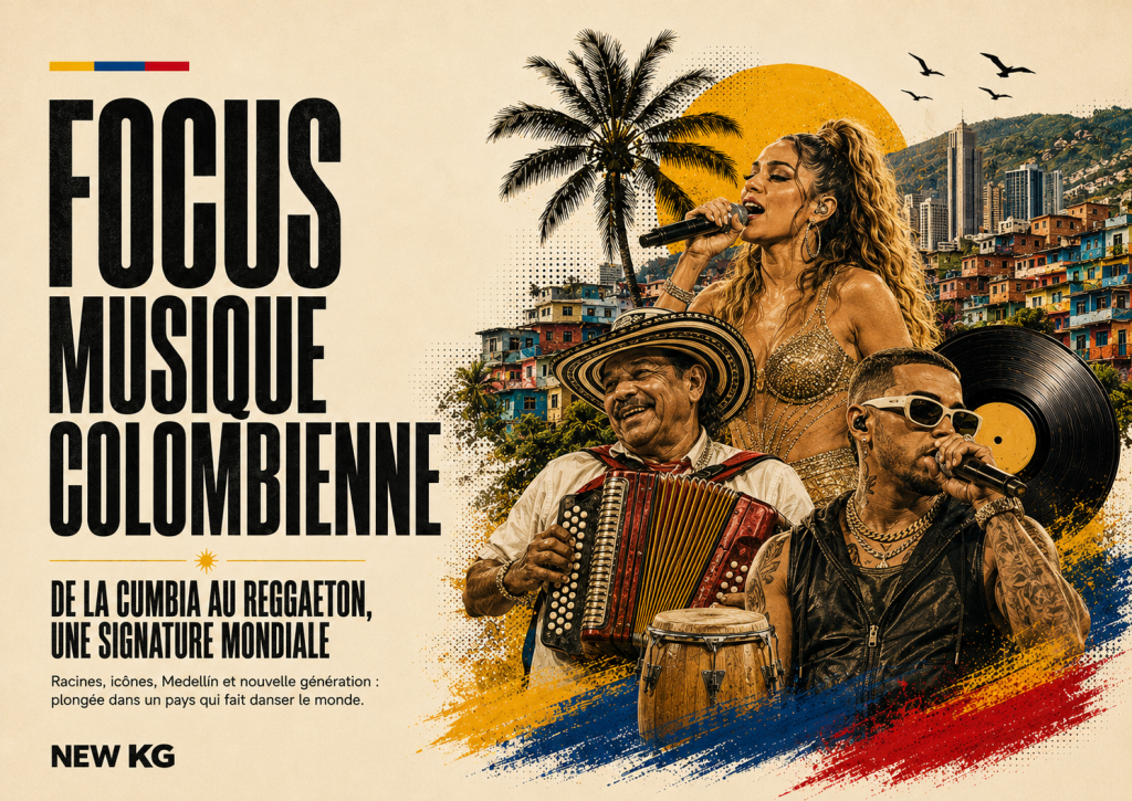 Couverture NEW KG sur la musique colombienne, de la cumbia au reggaeton, avec Medellín, accordéon, vinyle et artistes colombiens.