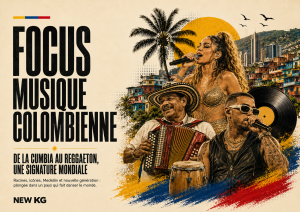 Couverture NEW KG sur la musique colombienne, de la cumbia au reggaeton, avec Medellín, accordéon, vinyle et artistes colombiens.