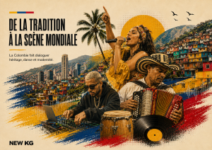 Image éditoriale NEW KG sur la musique colombienne, entre tradition, scène mondiale, Medellín, accordéon, percussions et musique urbaine.