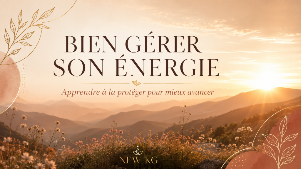 Image de couverture NEW KG sur la gestion de l’énergie, avec un lever de soleil, des montagnes et des fleurs sauvages, illustrant la motivation, le bien-être, le focus et l’importance de protéger son énergie pour mieux avancer.