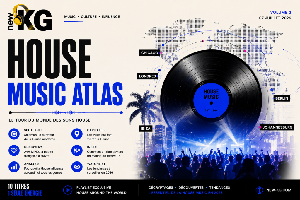 Couverture officielle de NEW KG Music Atlas Volume 2 – House Music Atlas présentant l'évolution mondiale de la House Music en 2026. Illustration éditoriale avec un vinyle, une carte du monde et les principales scènes House de Chicago, Londres, Berlin, Ibiza et Johannesburg. Magazine musical NEW KG dédié aux tendances House, aux artistes émergents, aux analyses, à la culture club et à la playlist exclusive House Around The World.