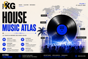 Couverture officielle de NEW KG Music Atlas Volume 2 – House Music Atlas présentant l'évolution mondiale de la House Music en 2026. Illustration éditoriale avec un vinyle, une carte du monde et les principales scènes House de Chicago, Londres, Berlin, Ibiza et Johannesburg. Magazine musical NEW KG dédié aux tendances House, aux artistes émergents, aux analyses, à la culture club et à la playlist exclusive House Around The World.