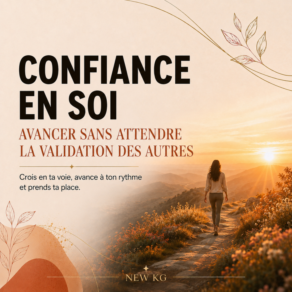 Image NEW KG sur la confiance en soi et l’importance d’avancer sans attendre la validation des autres, avec une femme marchant vers le lever du soleil.