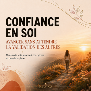 Image NEW KG sur la confiance en soi et l’importance d’avancer sans attendre la validation des autres, avec une femme marchant vers le lever du soleil.