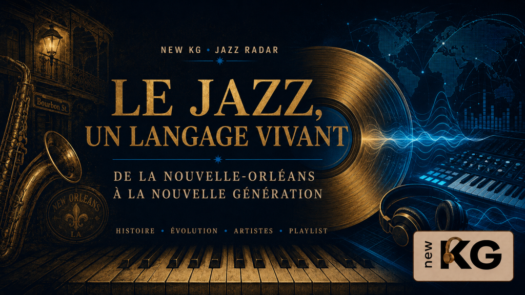 Couverture NEW KG Jazz Radar illustrant l’évolution du jazz, de La Nouvelle-Orléans aux scènes contemporaines.