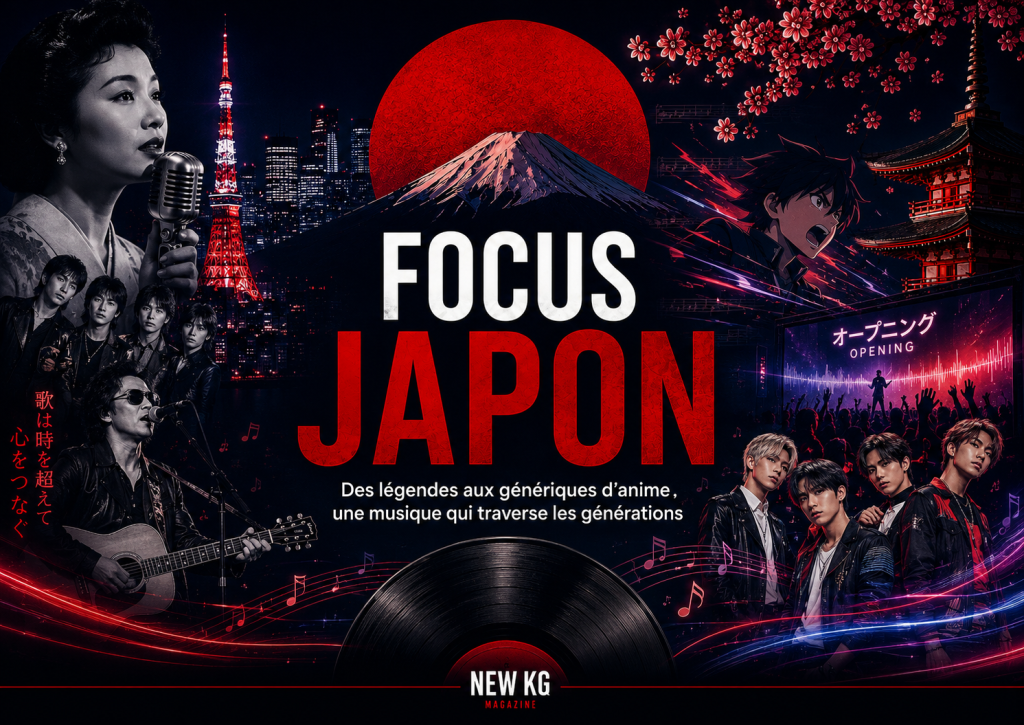 Couverture du Focus Japon de NEW KG sur l’histoire de la musique japonaise, ses légendes, la J-pop, le rock, les génériques d’anime cultes et la nouvelle génération d’artistes.