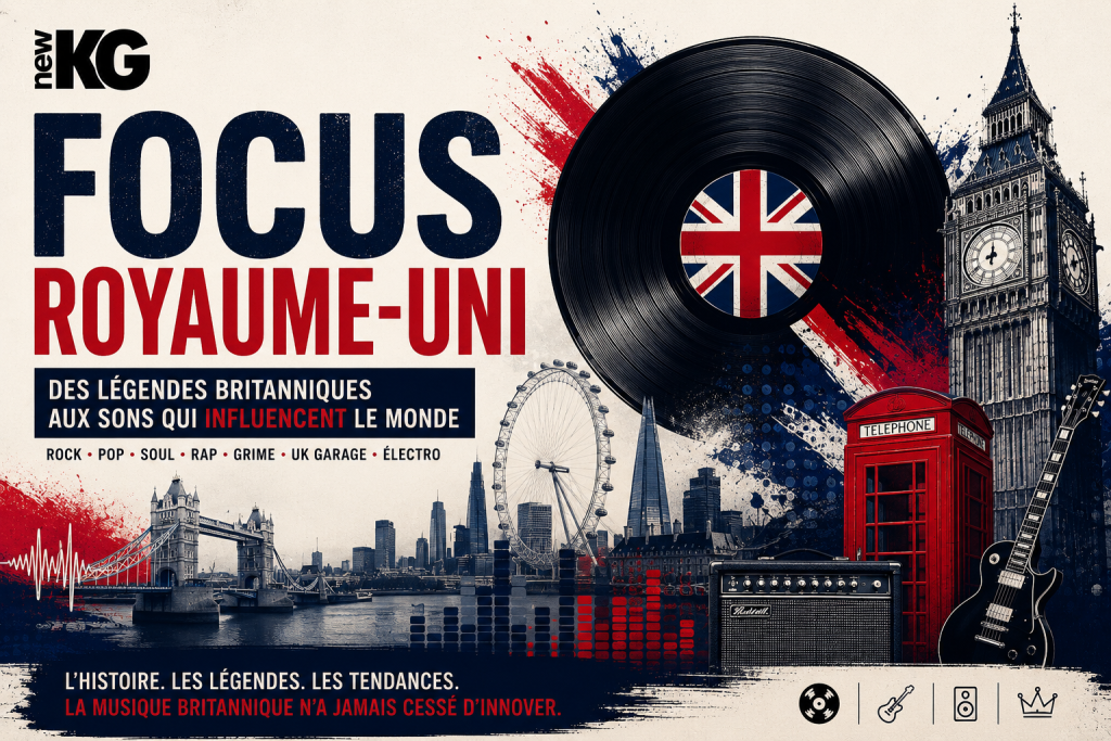 Couverture du Focus Royaume-Uni de NEW KG sur la musique britannique, avec vinyle, Big Ben, Tower Bridge, cabine téléphonique rouge et références au rock, à la pop, au rap, au grime et au UK garage.