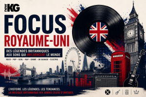 Couverture du Focus Royaume-Uni de NEW KG sur la musique britannique, avec vinyle, Big Ben, Tower Bridge, cabine téléphonique rouge et références au rock, à la pop, au rap, au grime et au UK garage.