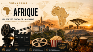 Image NEW KG Cinema Radar consacrée au cinéma africain, avec une carte de l’Afrique, des paysages du continent, une caméra, un clap, une bobine de film, un masque africain et des symboles du cinéma mondial.