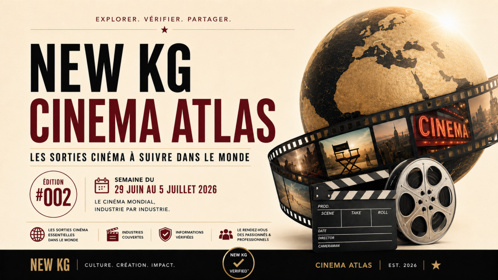 Image de couverture NEW KG Cinema Atlas #002 présentant les sorties cinéma mondiales de la semaine du 29 juin au 5 juillet 2026, avec un globe, une pellicule de film, un clap de cinéma et l’identité NEW KG VERIFIED.