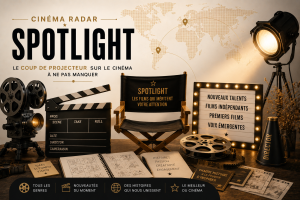 Image NEW KG Cinema Radar dédiée au Spotlight cinéma, avec projecteur, fauteuil de réalisateur, clap, caméra, bobine de film, carte du monde et éléments de création cinématographique pour illustrer le film à suivre de la semaine.