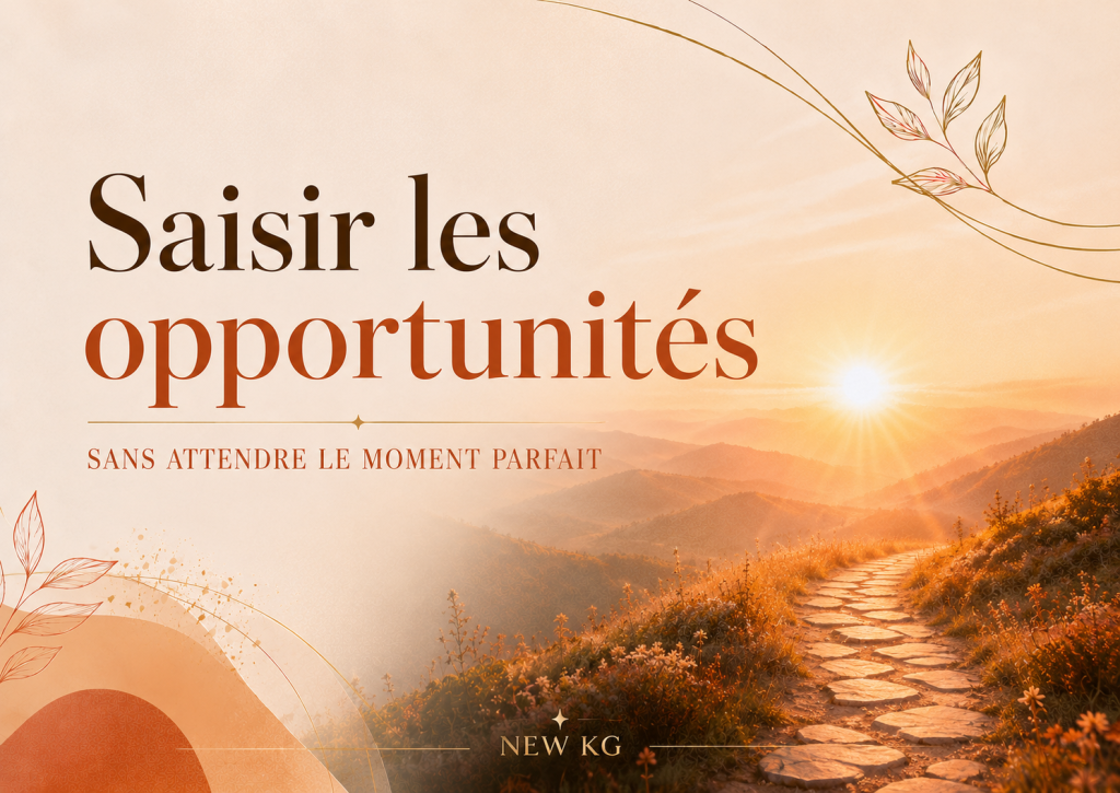 Image NEW KG sur l’importance de saisir les opportunités sans attendre le moment parfait, illustrée par un chemin au lever du soleil symbolisant l’action, le courage, la motivation et le passage à l’action.