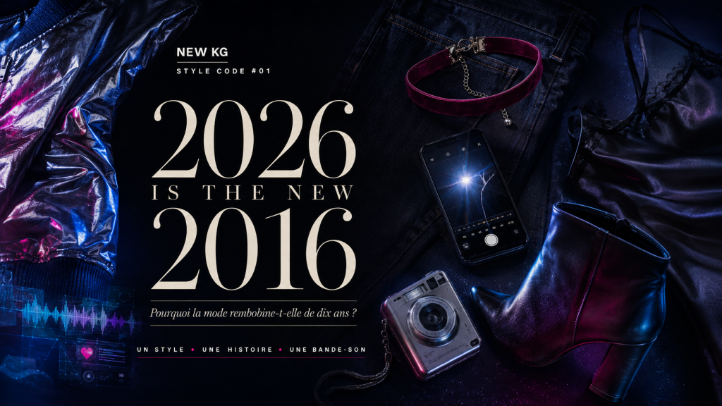 Accessoires et vêtements emblématiques illustrant le retour de la mode de 2016 en 2026 selon NEW KG.