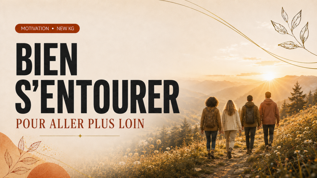 Quatre personnes avancent ensemble vers le soleil en montagne, illustrant l’importance de bien s’entourer selon NEW KG.