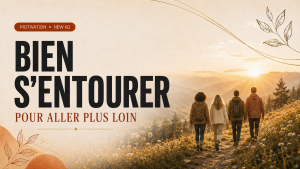Quatre personnes avancent ensemble vers le soleil en montagne, illustrant l’importance de bien s’entourer selon NEW KG.