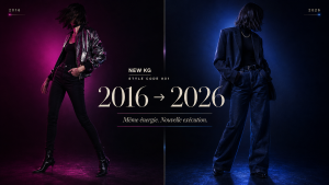 Comparaison entre une silhouette ajustée de 2016 et une tenue plus ample inspirée de la mode de 2026.