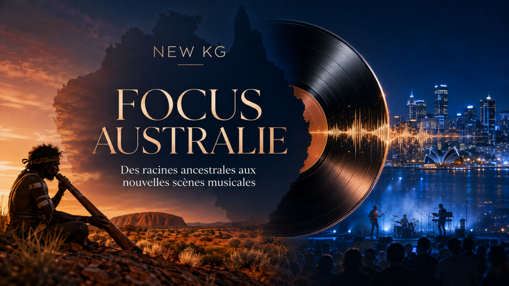 Focus Australie NEW KG : musicien jouant du didgeridoo, désert, vinyle, Sydney et concert nocturne.