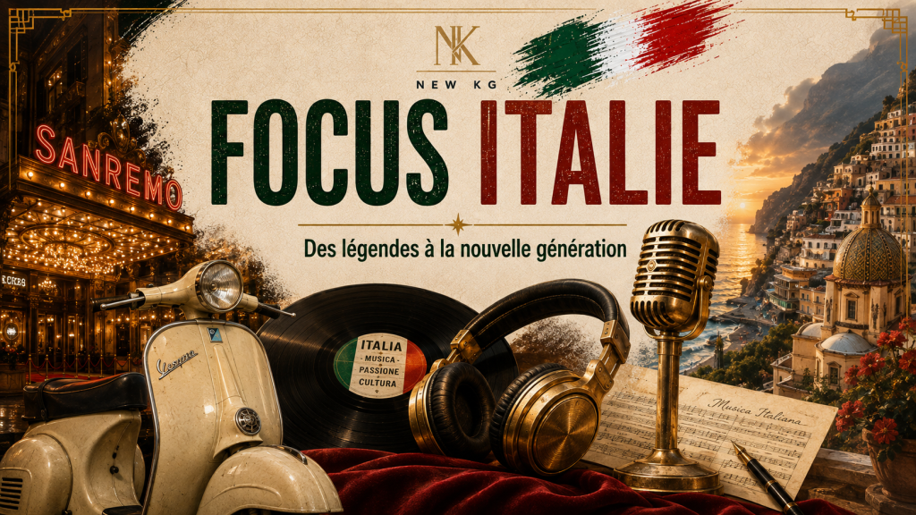 Illustration du Focus Italie de NEW KG avec un micro vintage, un vinyle, un casque audio, une Vespa, le Festival de Sanremo et un paysage de la côte italienne.