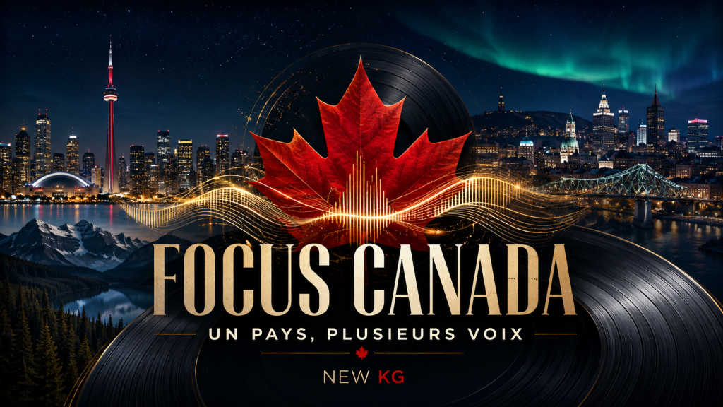 Illustration du Focus Canada de NEW KG avec une feuille d’érable, un disque vinyle et les paysages nocturnes de Toronto et Montréal.