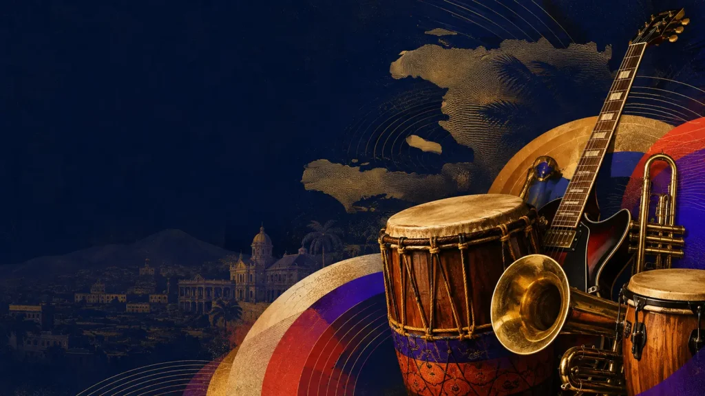 Illustration du kompa haïtien avec tanbou, guitare et cuivres sur un paysage inspiré d’Haïti.