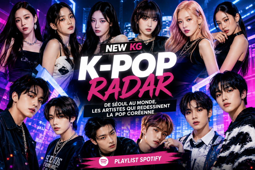 K-POP Radar NEW KG avec des artistes de pop coréenne et la playlist Spotify.