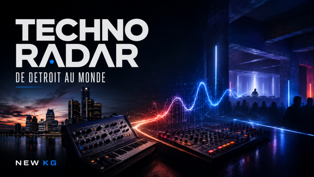 Illustration Techno Radar reliant Detroit à un club techno, avec synthétiseur analogique, console de mixage et onde lumineuse.