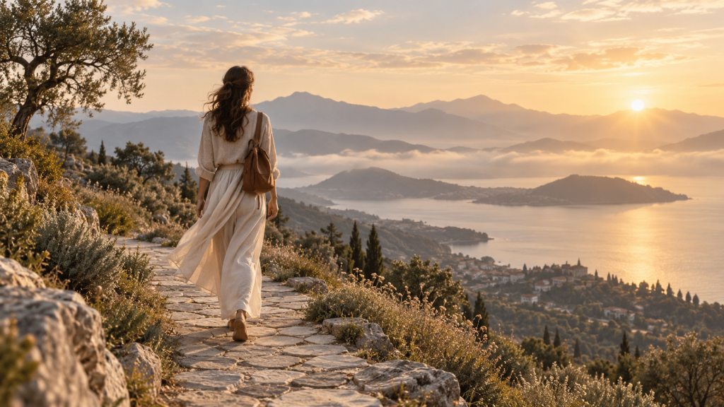 Femme marchant seule sur un sentier au coucher du soleil, illustration de l’idée d’avancer à son rythme sans se comparer aux autres.