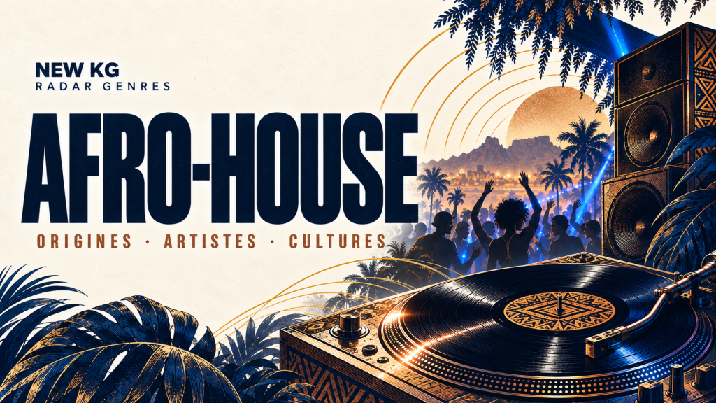 Illustration NEW KG consacrée à l’afro-house, avec une platine vinyle, des enceintes et une foule de danseurs.