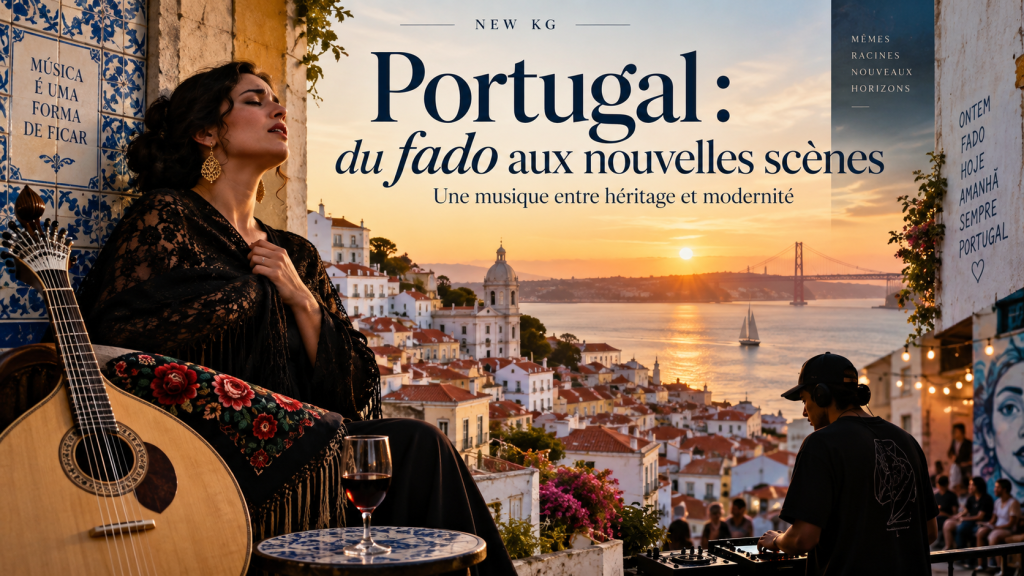 Vue de Lisbonne au coucher du soleil illustrant la diversité musicale du Portugal, entre fado traditionnel, nouvelles scènes urbaines, pop et influences contemporaines.