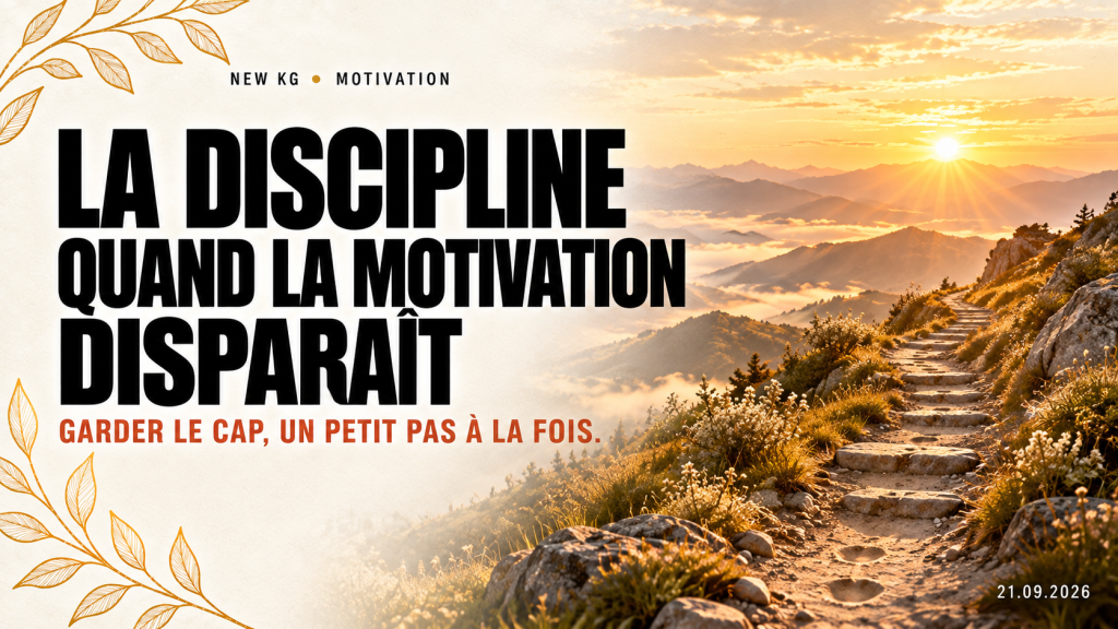 Chemin de montagne doré au lever du soleil illustrant comment rester discipliné quand la motivation disparaît — NEW KG Motivation.