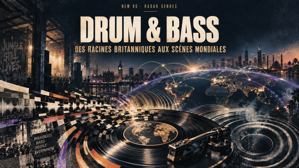 Platine vinyle, rave britannique et carte du monde illustrant l’expansion internationale de la drum and bass pour NEW KG.