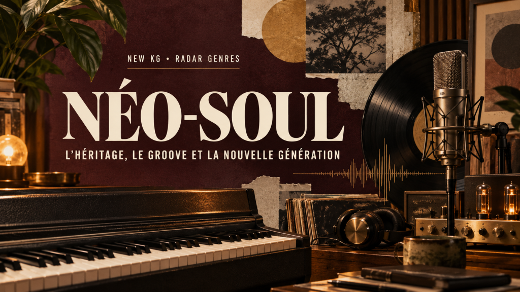 Illustration d’un studio néo-soul avec clavier, vinyle et microphone, pour le Radar Genres NEW KG consacré aux racines et à la nouvelle génération du genre.
