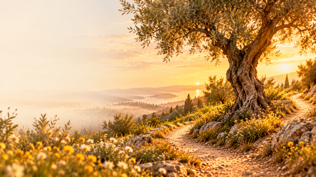 Un chemin contourne un olivier au soleil levant et continue vers l’horizon, sous le titre « Changer de direction sans repartir de zéro ».