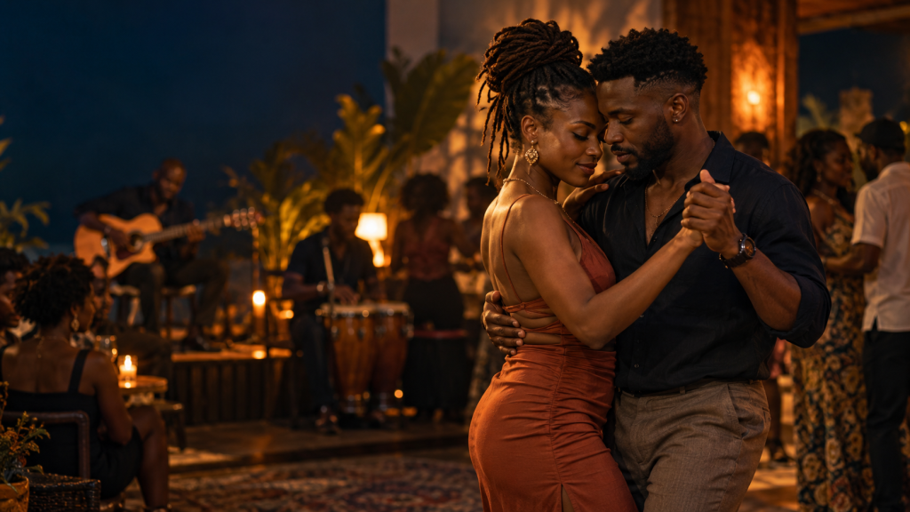 Un couple danse la kizomba lors d’une soirée musicale, dans une ambiance bleu nuit et cuivre.