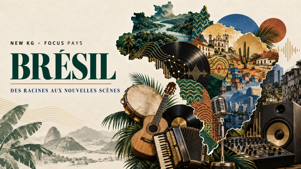 Illustration NEW KG de la musique brésilienne, du choro et du samba au forró, au funk, au rap et aux scènes électroniques.