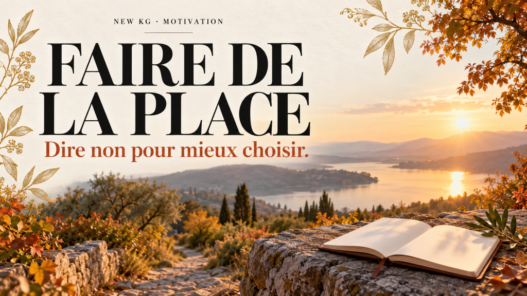 Carnet ouvert au bord d’un chemin baigné de lumière automnale, avec le titre « Faire de la place ».