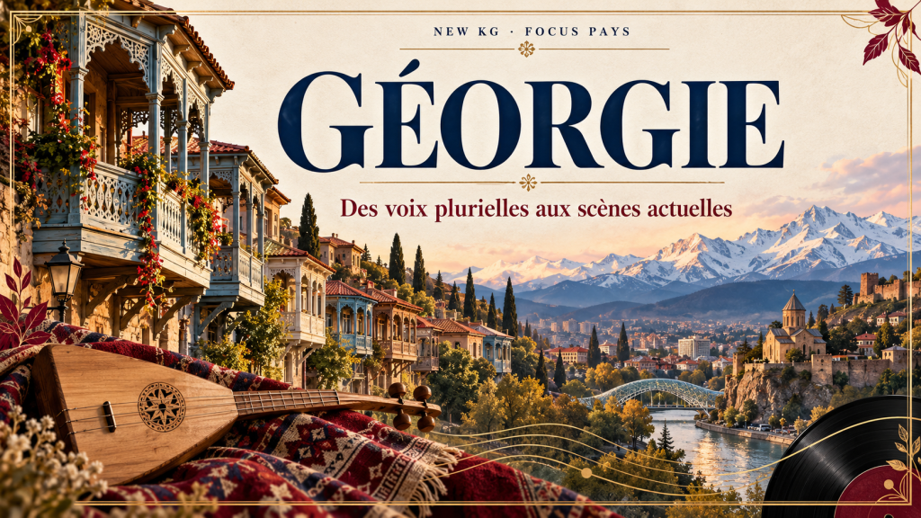 Collage de balcons de Tbilissi, de montagnes du Caucase et d’un instrument à cordes, avec le titre « Géorgie ».
