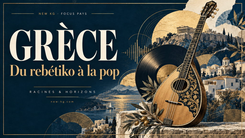 Bouzouki et disque vinyle devant l’Acropole et un paysage grec, illustrant le Focus NEW KG sur les musiques de Grèce.