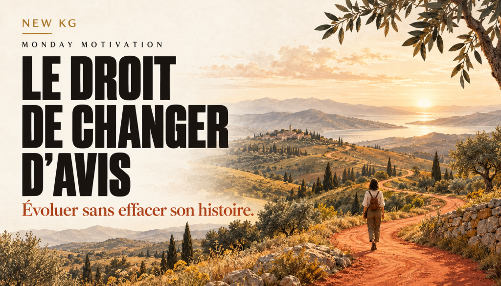 Une personne suit un chemin sinueux vers un horizon doré, sous le titre « Le droit de changer d’avis ».