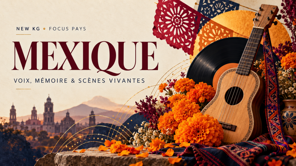 Couverture NEW KG Focus Pays Mexique : instrument à cordes, vinyle, fleurs orange et papier découpé autour du titre « Voix, mémoire & scènes vivantes ».