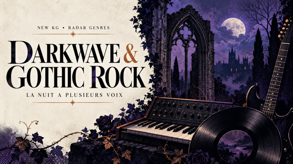 Couverture NEW KG Radar Genres : synthétiseur, guitare et vinyle devant une arche gothique violette, avec le titre « Darkwave & Gothic Rock ».