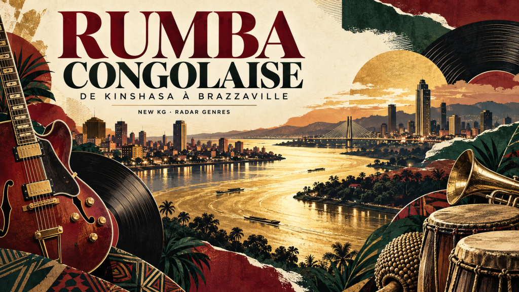 Illustration de la rumba congolaise entre Kinshasa et Brazzaville, avec le fleuve Congo, une guitare, des vinyles et des percussions.