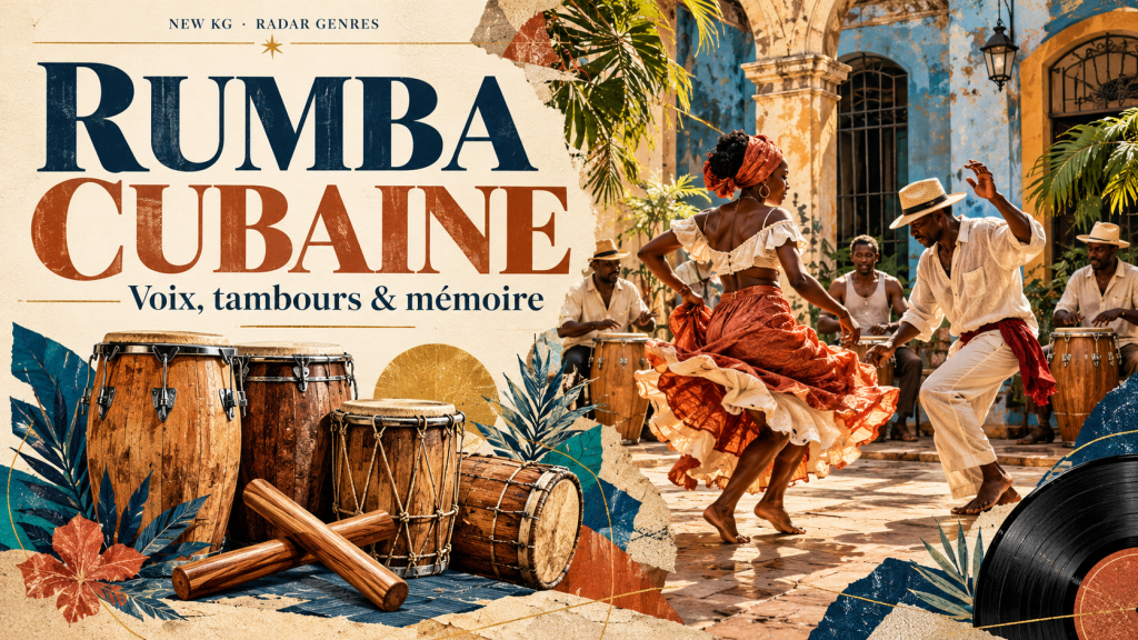 Collage illustré de tambours, de claves et de danseurs dans une cour cubaine, titré « Rumba cubaine ».